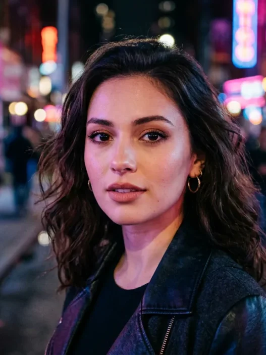 Woman with grunge makeup featuring neon street lighting and moody urban atmosphere
