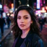 Woman with grunge makeup featuring neon street lighting and moody urban atmosphere