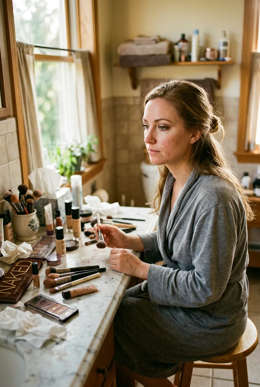 Woman sitting at bathroom vanity with half-completed makeup look in natural sunlight