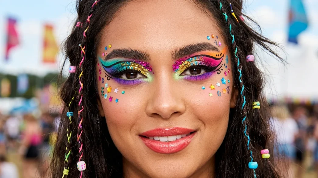 Woman wearing vibrant festival makeup with bold graphic colors and shimmer in editorial style