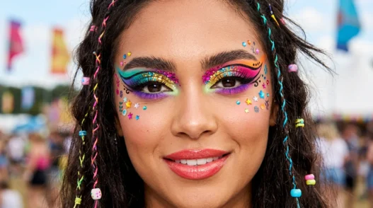 Woman wearing vibrant festival makeup with bold graphic colors and shimmer in editorial style