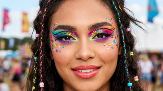 Woman wearing vibrant festival makeup with bold graphic colors and shimmer in editorial style
