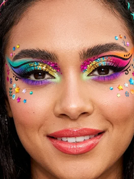 Woman wearing vibrant festival makeup with bold graphic colors and shimmer in editorial style