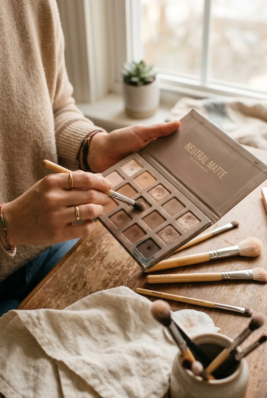 Close-up of hands selecting from neutral eyeshadow palette with makeup brushes nearby