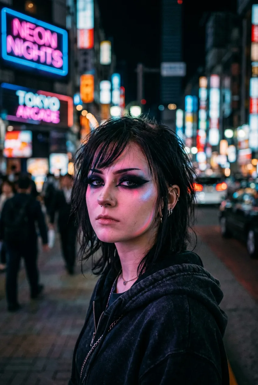 Woman wearing heavy black eyeshadow with sharp winged eyeliner in classic emo style