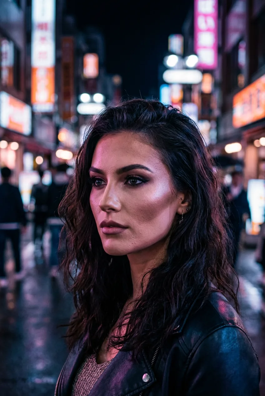 Woman displaying heavily contoured cheekbones with sculpted face structure in urban nighttime setting