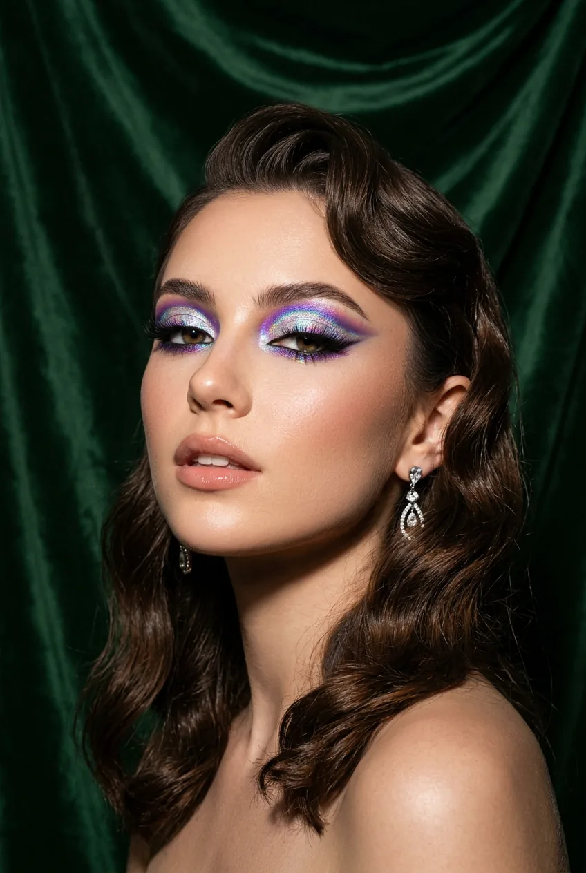 Woman with holographic eyeshadow showing purple blue pink color shifts across entire lid
