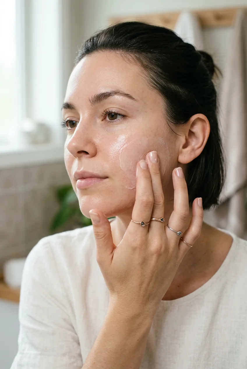 Hands pressing hydrating primer into clean facial skin with fingertip dabbing technique