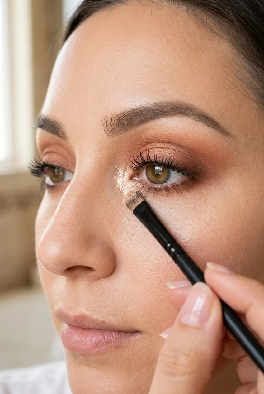 Close-up of champagne highlight being applied to inner corner with small brush against completed eyeshadow look