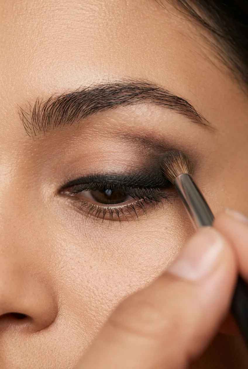 Small brush smudging kohl pencil upward from lash line creating soft smokey base