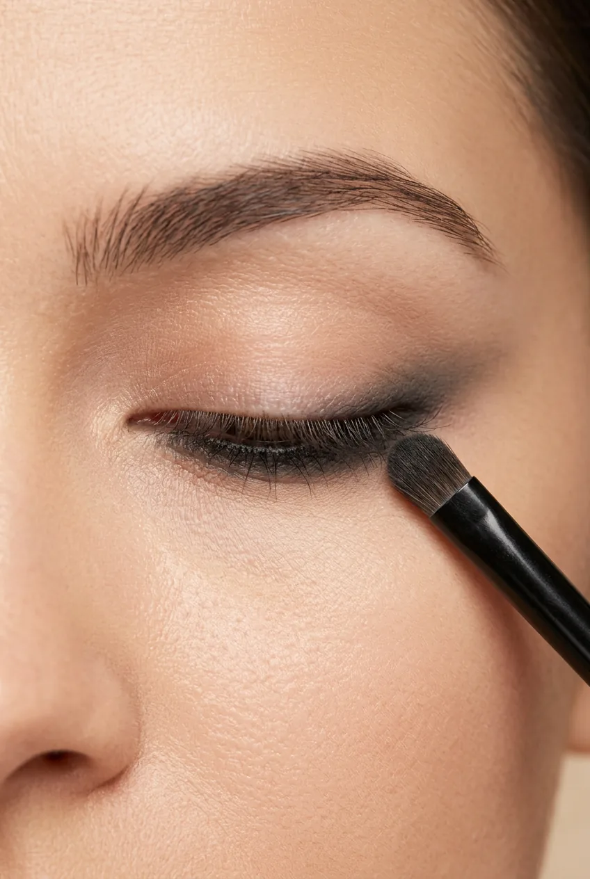 Smudger brush blending black kohl pencil along lower lash line creating smoky gradient