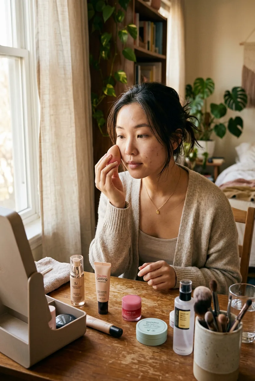 Woman using damp beauty sponge for Korean base makeup technique with products on vanity