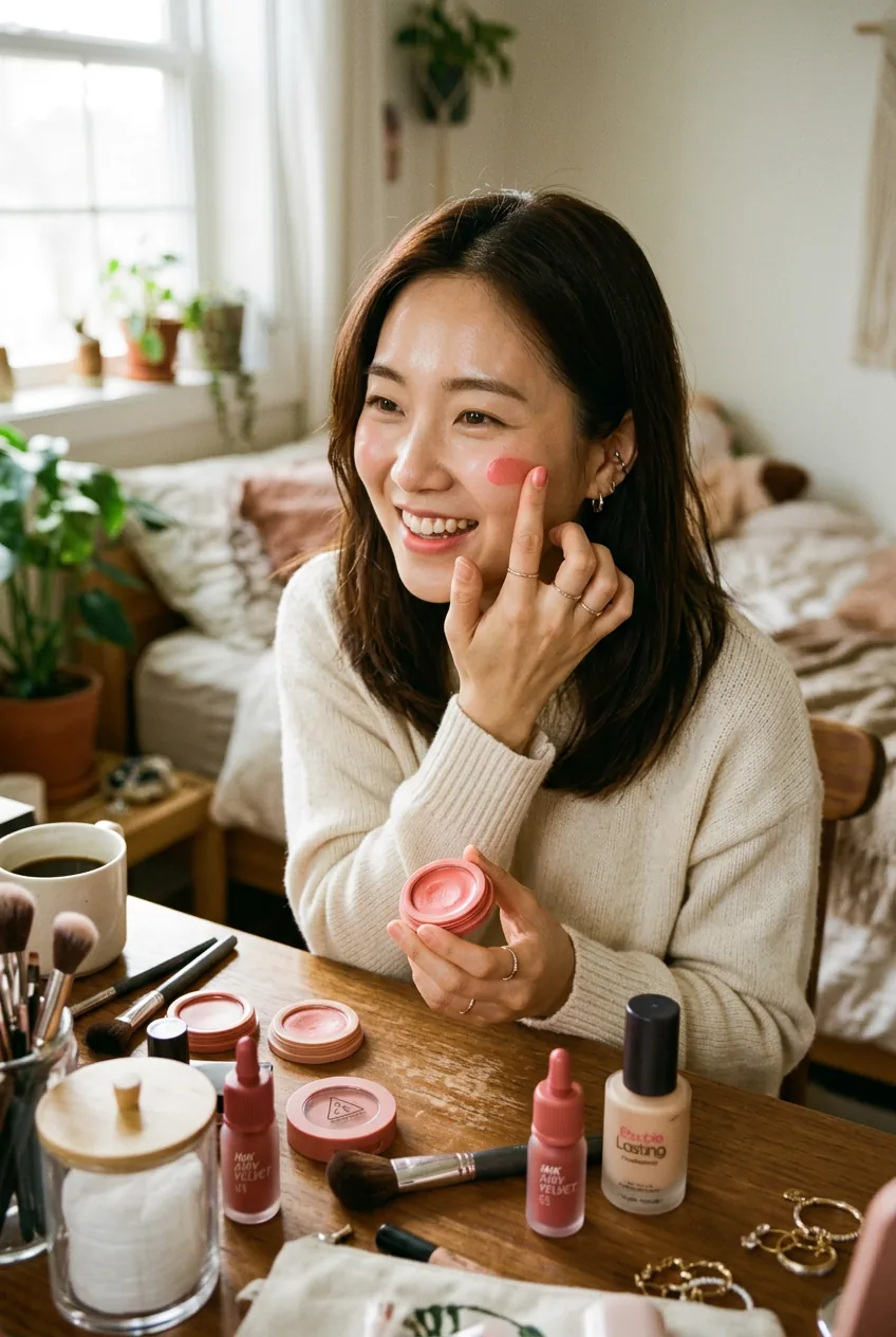 Woman applying cream blush using Korean placement technique at vanity in morning light