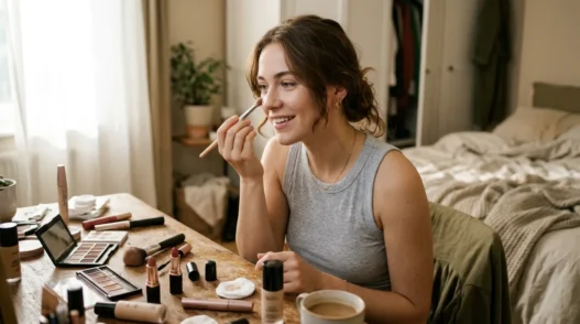 Woman applying Korean makeup at vanity with natural morning light and scattered beauty products