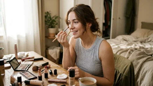 Woman applying Korean makeup at vanity with natural morning light and scattered beauty products