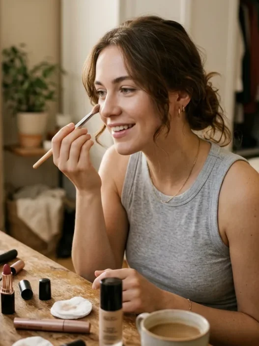 Woman applying Korean makeup at vanity with natural morning light and scattered beauty products