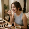 Woman applying Korean makeup at vanity with natural morning light and scattered beauty products