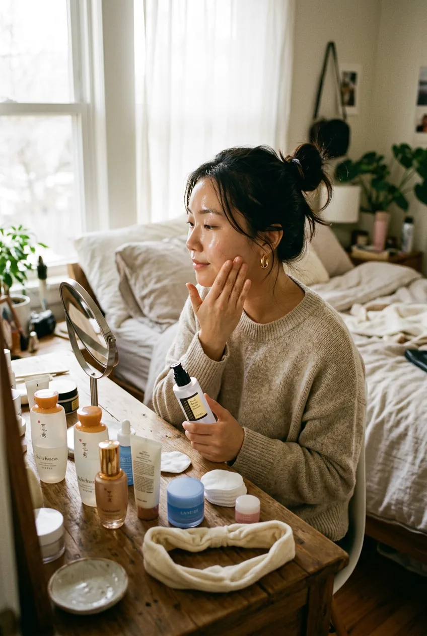 Woman applying multiple Korean skincare layers before makeup with products scattered on vanity