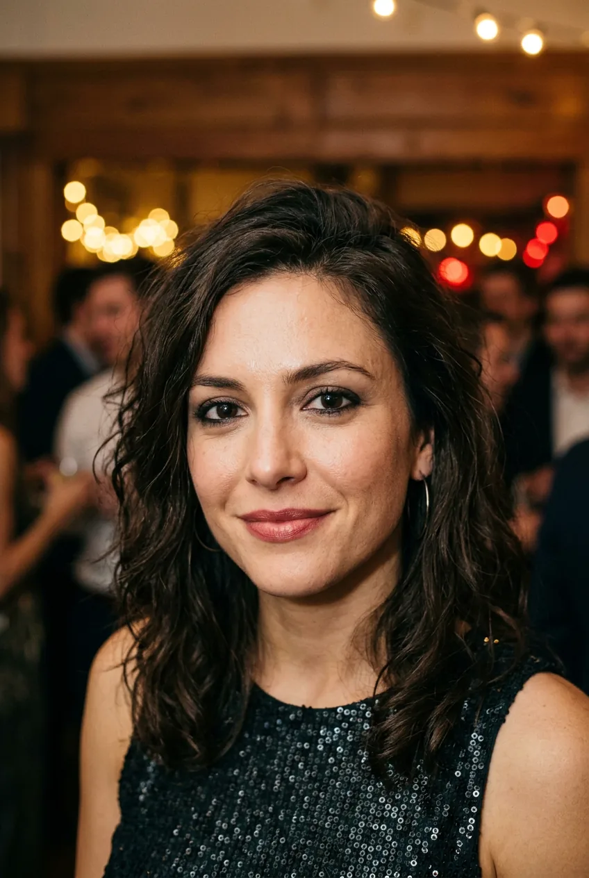Woman with naturally worn-in evening makeup showing soft exhausted glow at late night