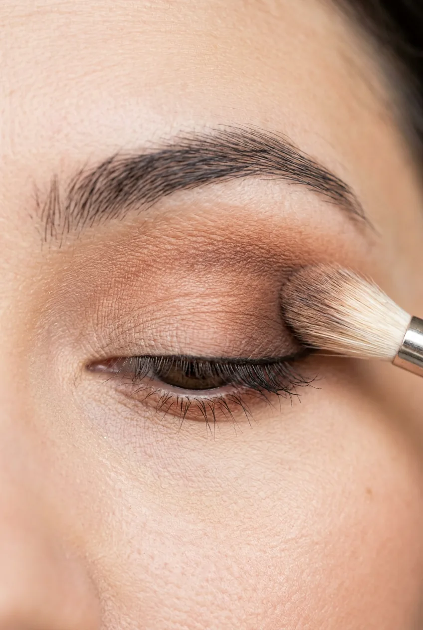 Layered eyeshadow application using patting motions to build depth gradually on closed eye