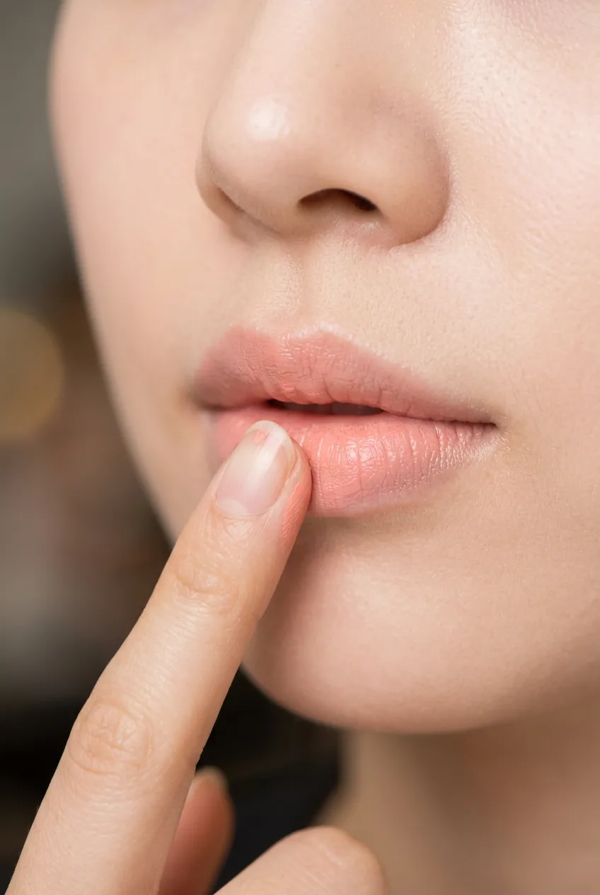 Fingertip applying light peachy-pink lipstick as base color across entire lip surface