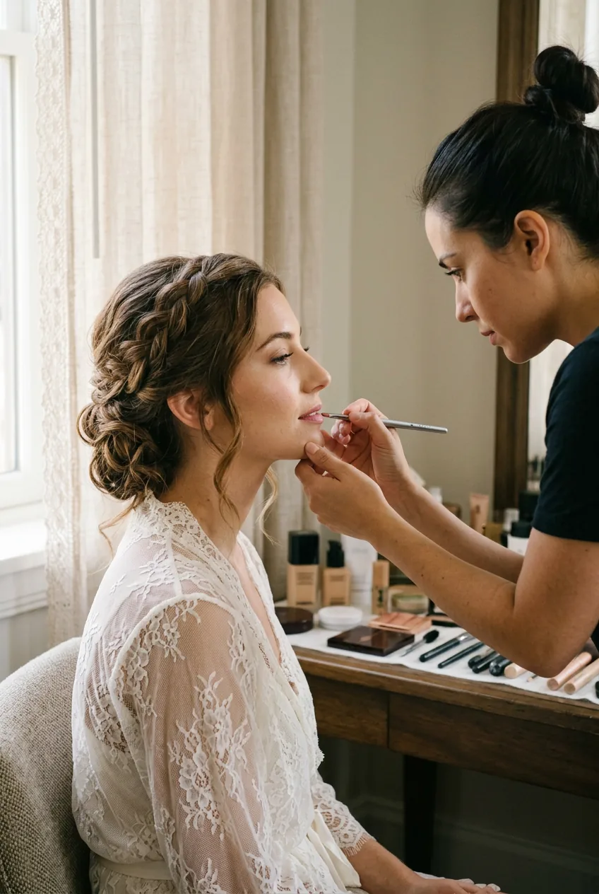 Side profile of woman getting natural pink lipstick applied during bridal preparation
