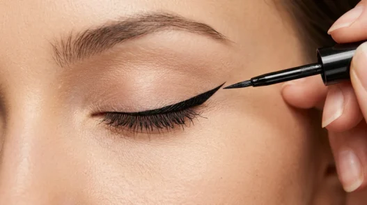 Liquid eyeliner brush creating precise winged tip at outer corner of closed eye with clean line