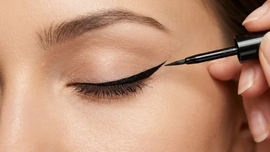 Liquid eyeliner brush creating precise winged tip at outer corner of closed eye with clean line