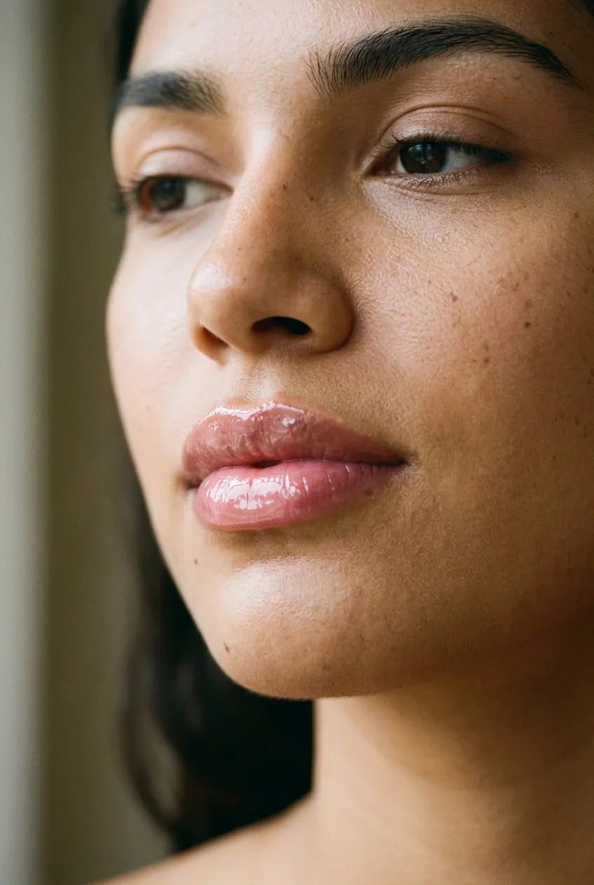 Macro shot of lips showing smooth even gloss coverage for all-day wear