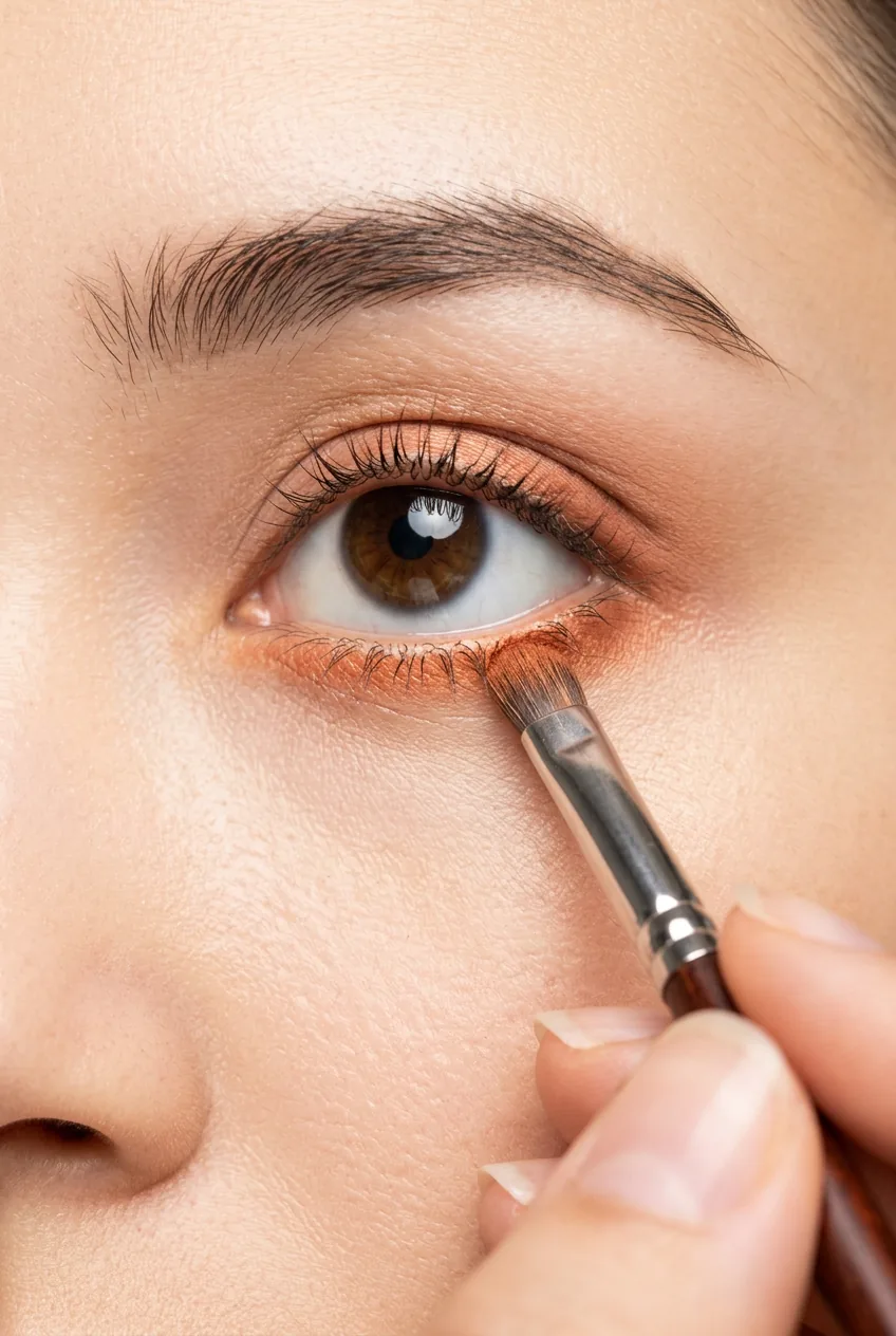 Macro shot of pencil brush applying complementary eyeshadow along lower lash line showing precise technique