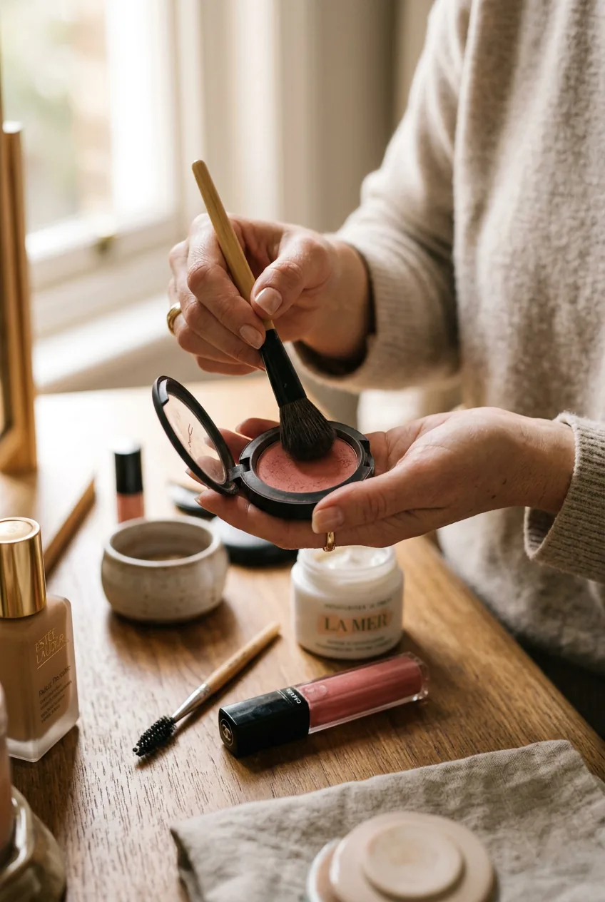 Close-up of hands holding makeup compact and brush with beauty products on marble surface