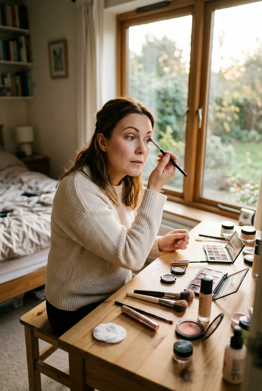 Woman doing makeup near large window with natural daylight illuminating her face