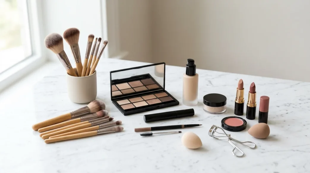 Organized makeup tools and cosmetics arranged on white marble surface for tutorial reference