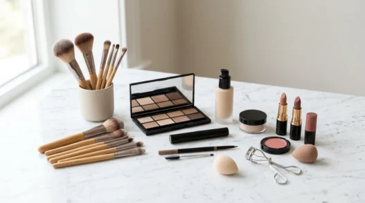 Organized makeup tools and cosmetics arranged on white marble surface for tutorial reference