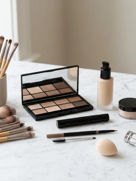 Organized makeup tools and cosmetics arranged on white marble surface for tutorial reference