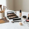 Organized makeup tools and cosmetics arranged on white marble surface for tutorial reference