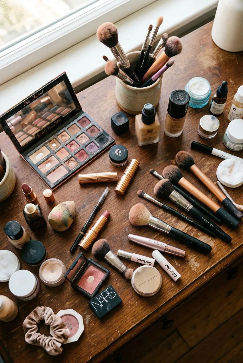 Overhead view of makeup vanity with various cosmetics and brushes scattered on wooden surface