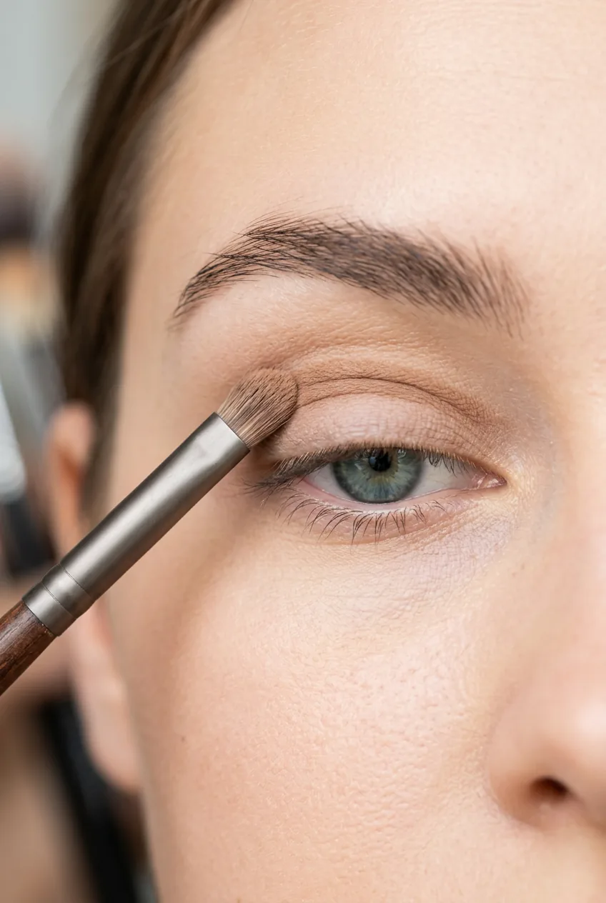 Shader brush mapping crease line with light brown eyeshadow on partially open eye