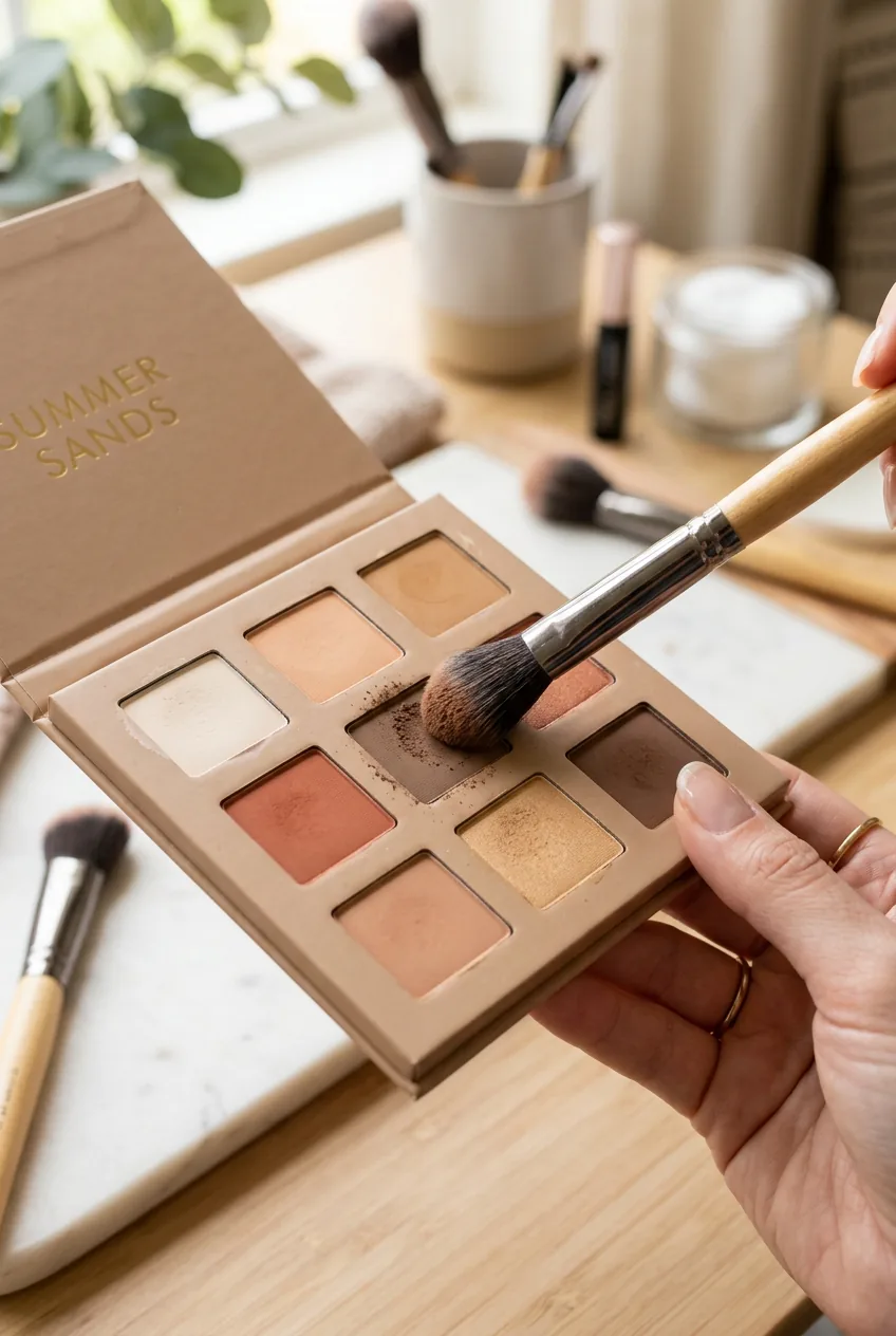 Matte eyeshadow palette with neutral summer shades and brush picking up brown color