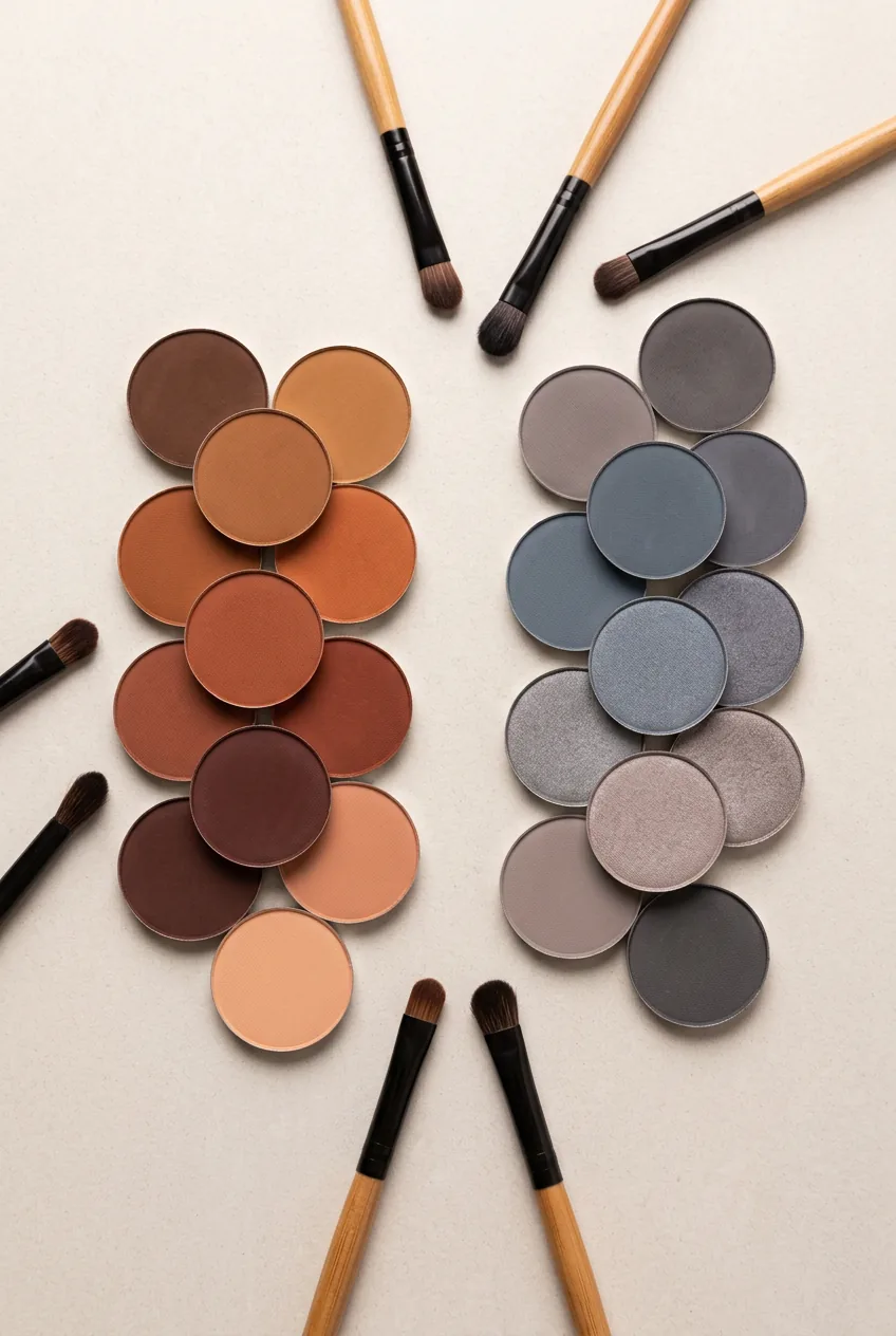 Matte eyeshadows arranged by undertone showing warm browns and cool grays separated