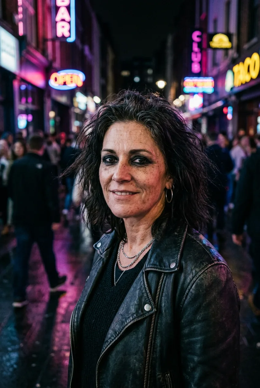 Middle-aged woman wearing grunge-inspired makeup with confident expression at night