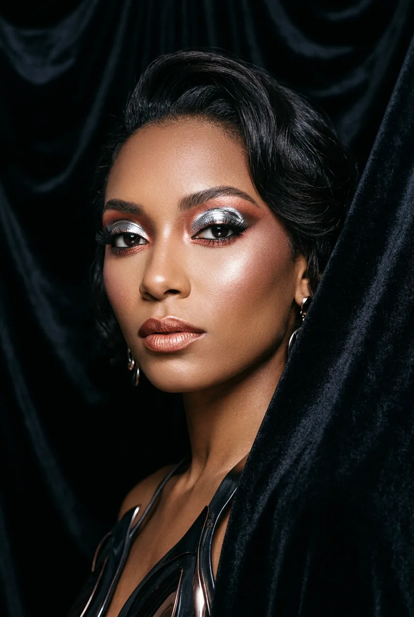 Woman with metallic chrome mirror finish eyeshadow and copper rose gold futuristic accents