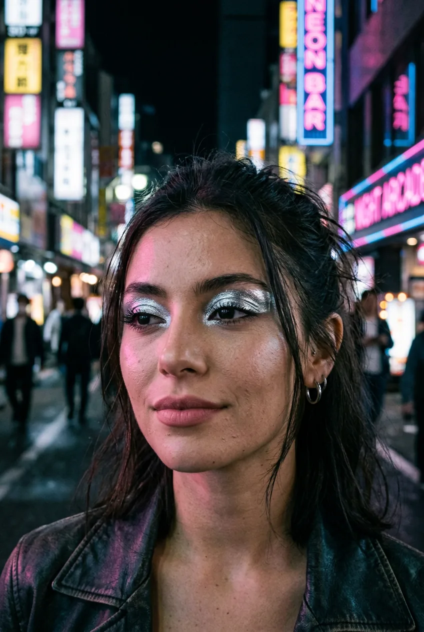 Woman wearing metallic silver chrome eyeshadow covering entire eyelid with reflective finish