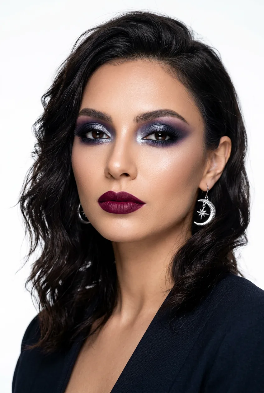 Woman displaying mysterious midnight makeup with deep purple and blue tones and silver highlights