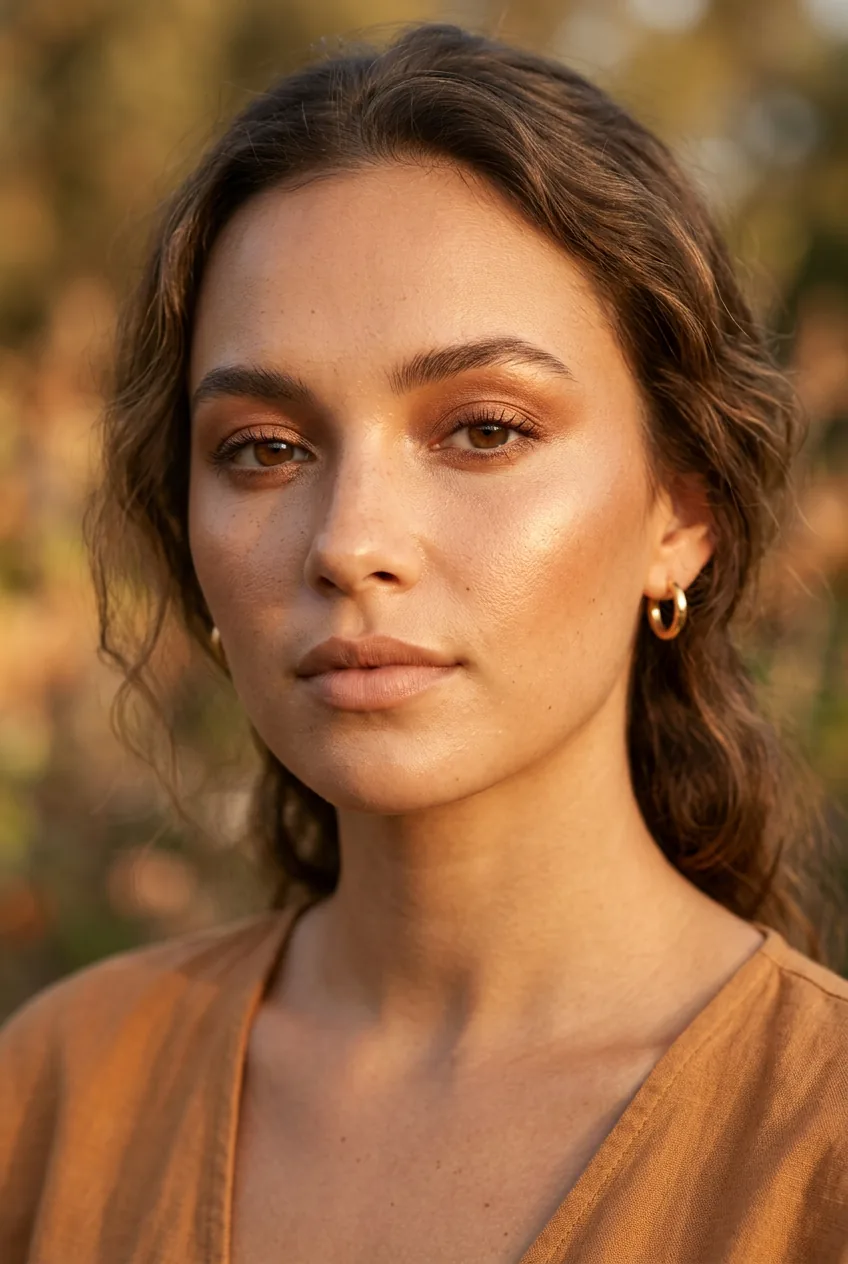 Woman with minimalist bronze makeup strategically placed on face high points