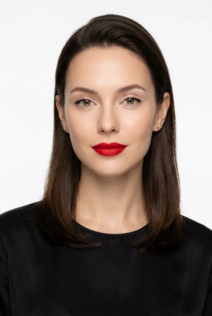 Woman displaying minimalist chic makeup with flawless skin and single standout red lip