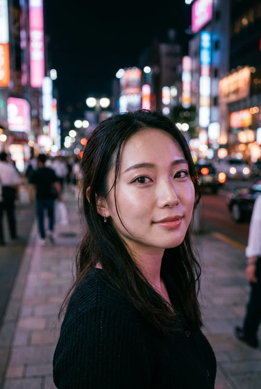 Woman with subtle modern contouring and natural dewy skin glow in urban setting