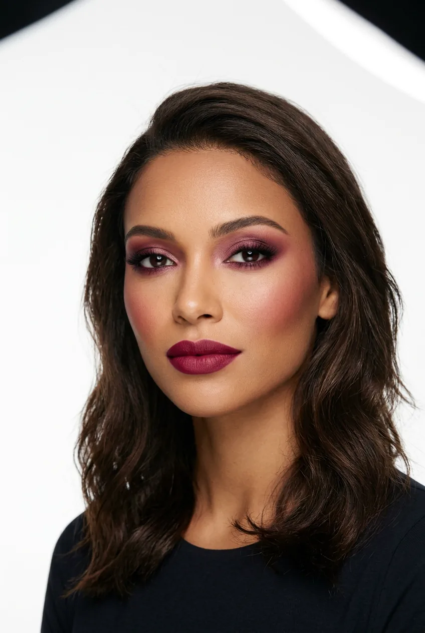 Woman wearing monochromatic berry makeup with matching tones on eyes cheeks and lips