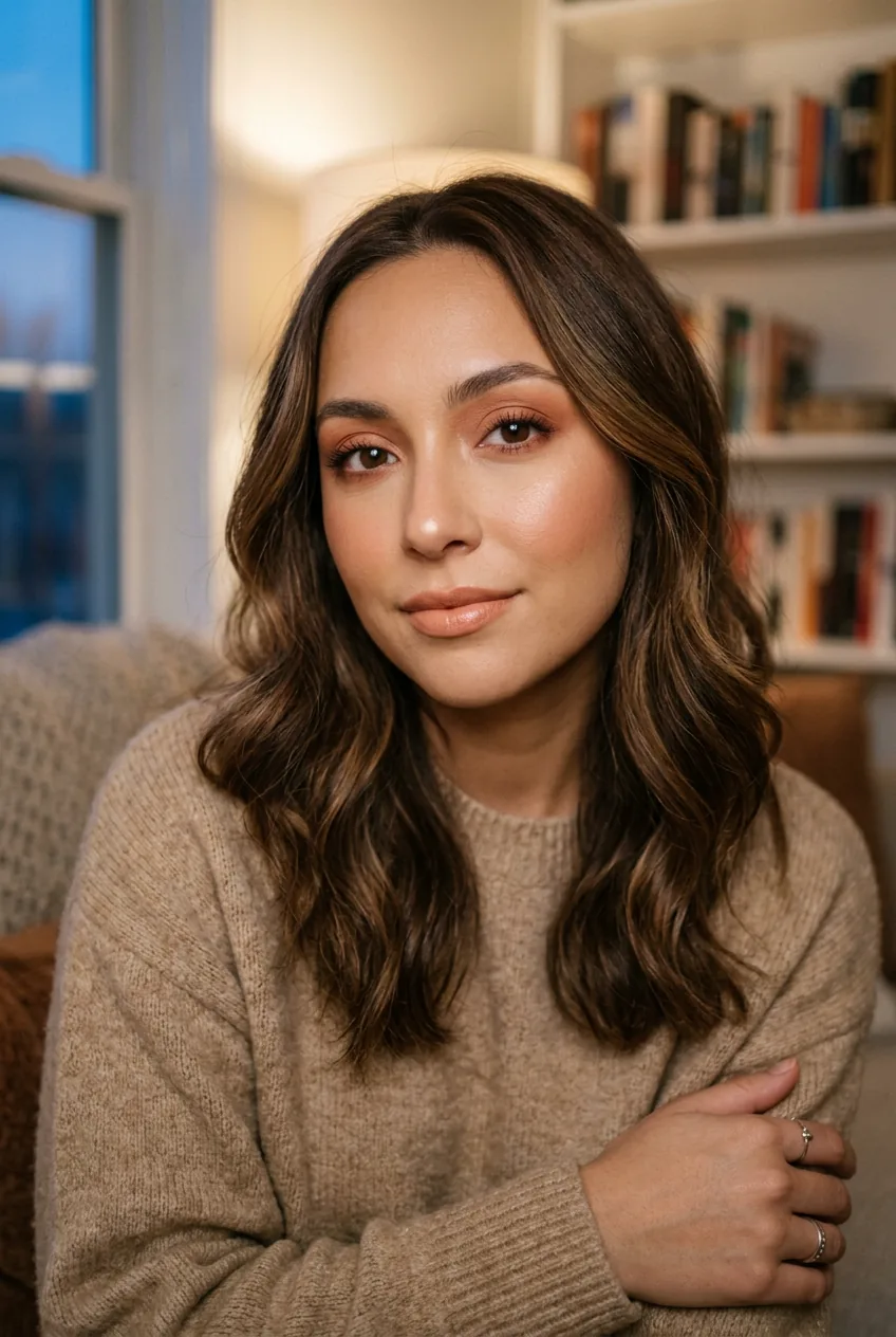 Woman wearing monochromatic warm makeup with peachy-brown tones and champagne highlight