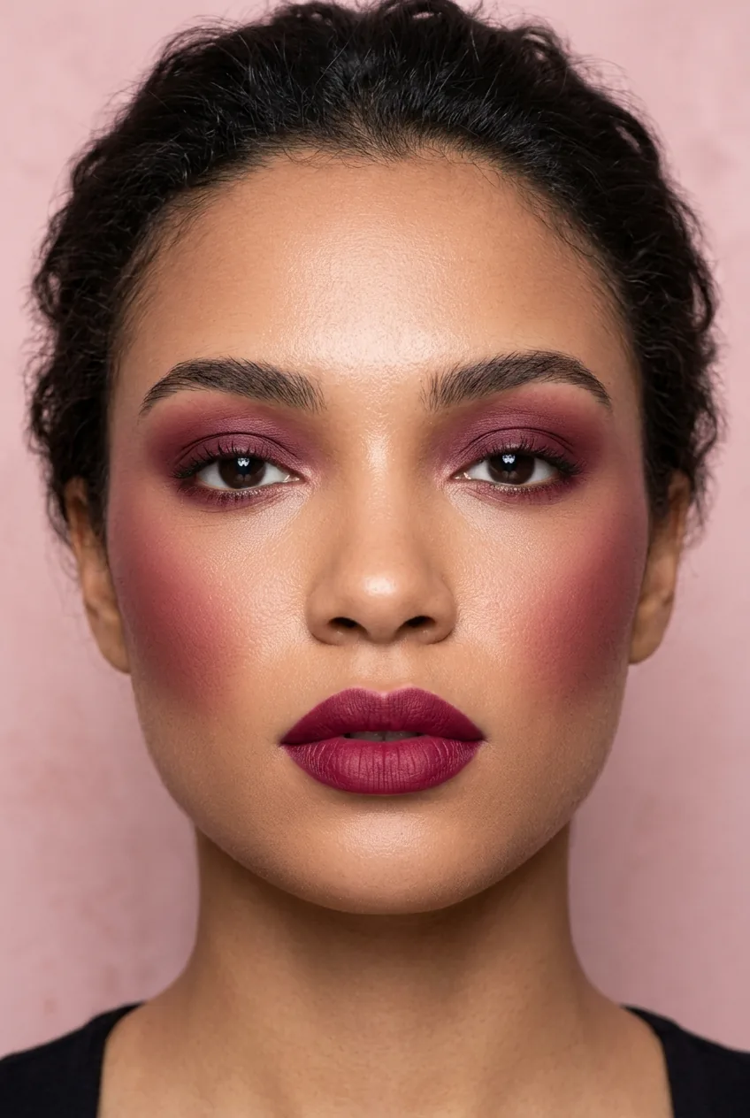 Woman with cohesive berry-toned makeup applied to lips cheeks and eyes in monochrome style